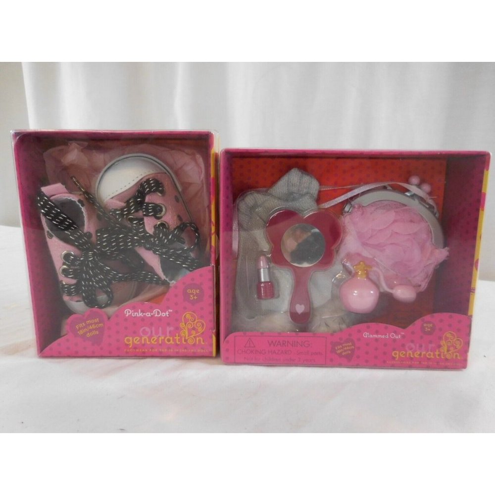 Our Generation "Glammed Out" Rosette Purse Glitter Gloves Mirror etc NIB + Shoes